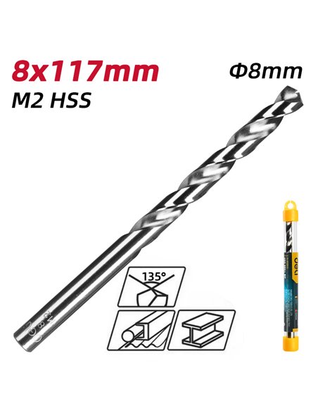DELI τρυπάνι DL16080G για μέταλλο, M2 HSS, 8x117mm, κυλινδρικό