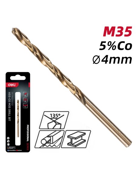 DELI τρυπάνι DH-MHZ040-E2 για μέταλλο, M35 HSS 5% κοβαλτίου, DIN 388, 4x75mm, κυλινδρικό