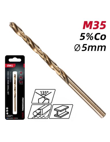 DELI τρυπάνι DH-MHZ050-E2 για μέταλλο, M35 HSS 5% κοβαλτίου, DIN 388, 5x86mm, κυλινδρικό