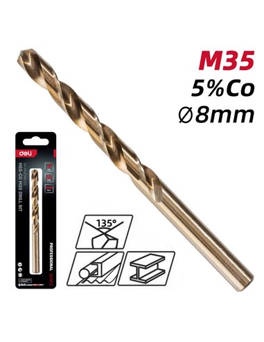 DELI τρυπάνι DH-MHZ080-E2 για μέταλλο, M35 HSS 5% κοβαλτίου, DIN 388, 8x117mm, κυλινδρικό