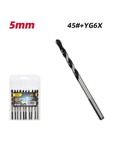 DELI σετ τρυπάνια DH-BWZ005-E1 για τοίχο/μέταλλο/ξύλο, 45 YG6X, 5x80mm, τρίπλευρο, 10τμχ