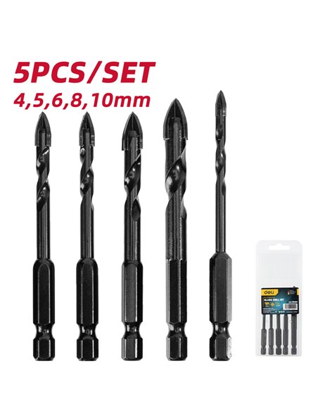 DELI σετ τρυπάνια DH-CZZ005-ED2 για γυαλί, 40Cr YG6X, 4/5/6/8/10mm, εξάγωνο, 5τμχ