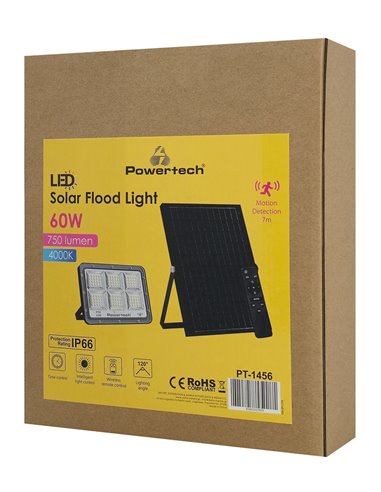 POWERTECH LED ηλιακός προβολέας PT-1456 με τηλεχειριστήριο, αισθητήρας κίνησης, 60W, 4000K, 750lm, IP66