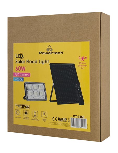 POWERTECH LED ηλιακός προβολέας PT-1456 με τηλεχειριστήριο, αισθητήρας κίνησης, 60W, 4000K, 750lm, IP66