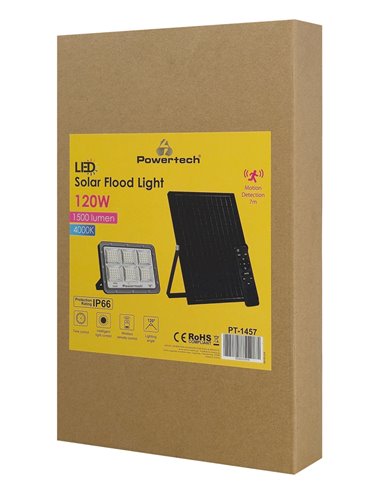 POWERTECH LED ηλιακός προβολέας PT-1457 με τηλεχειριστήριο, αισθητήρας κίνησης, 120W, 4000K, 1500lm, IP66