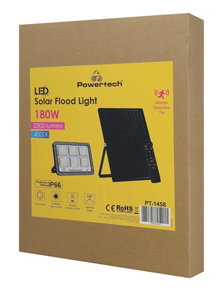 POWERTECH LED ηλιακός προβολέας PT-1458 με τηλεχειριστήριο, αισθητήρας κίνησης, 180W, 4000K, 2000lm, IP66