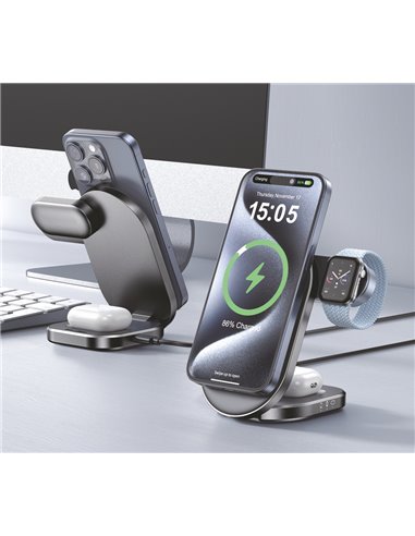 POWERTECH ασύρματος φορτιστής PT-1491, 3 σε 1, Qi2, 15W, μαύρος