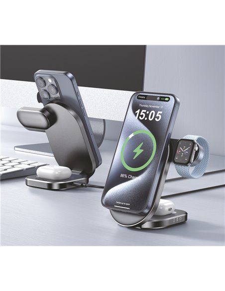 POWERTECH ασύρματος φορτιστής PT-1491, 3 σε 1, Qi2, 15W, μαύρος