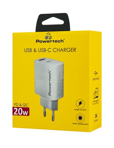 POWERTECH φορτιστής τοίχου PT-1493, USB/USB-C, 20W, λευκός