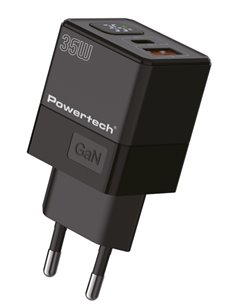 POWERTECH φορτιστής τοίχου PT-1499 με οθόνη, USB/USB-C, 35W, GaN, μαύρος