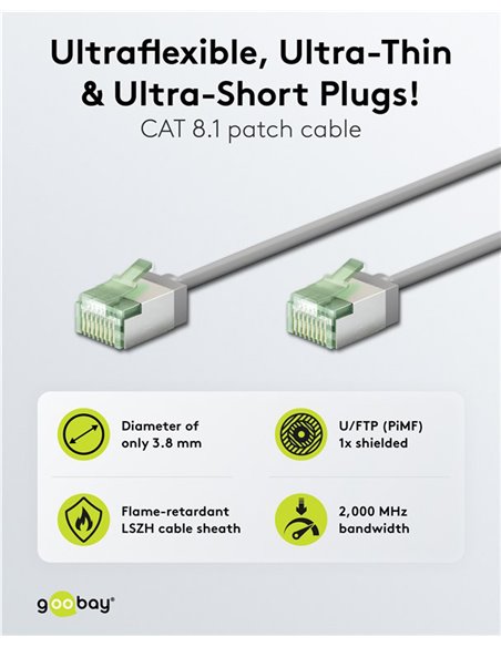 GOOBAY καλώδιο δικτύου 74343, CAT 8.1 U/FTP, ultra slim, copper, 2000MHz, 0.15m, γκρι
