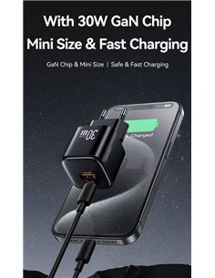 USAMS φορτιστής τοίχου CC263, USB & USB-C, 30W, GaN, μαύρος