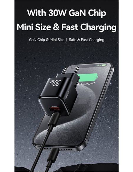 USAMS φορτιστής τοίχου CC263, USB & USB-C, 30W, GaN, λευκός