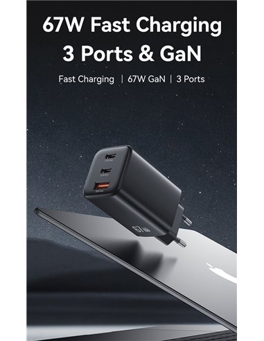 USAMS φορτιστής τοίχου CC265, USB & 2x USB-C, 67W, GaN, λευκός