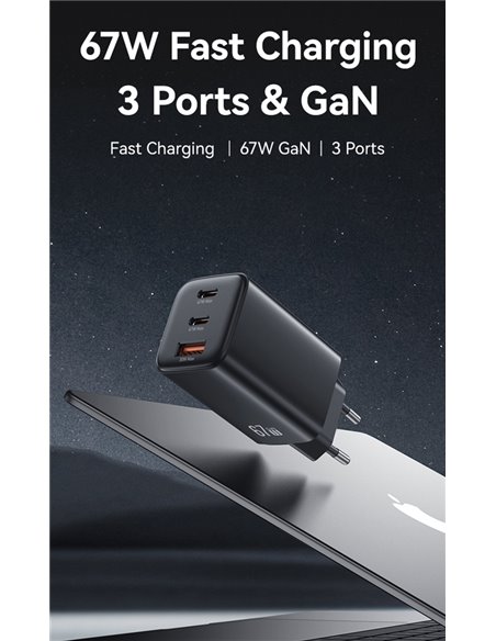 USAMS φορτιστής τοίχου CC265, USB & 2x USB-C, 67W, GaN, λευκός