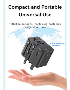 USAMS φορτιστής/αντάπτορας πρίζας CC309, USB & 2x USB-C, universal, 25W, μαύρος