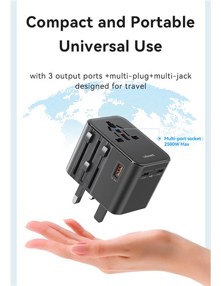 USAMS φορτιστής/αντάπτορας πρίζας CC309, USB & 2x USB-C, universal, 25W, μαύρος