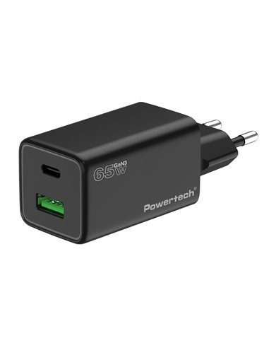 POWERTECH φορτιστής τοίχου PT-1501, USB/USB-C, 65W, GaN, μαύρος