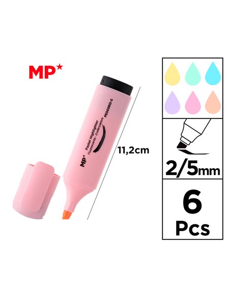 MP σετ μαρκαδόροι υπογράμμισης PE505, πάχος μύτης 2-5mm, διάφορα χρώματα, 6τμχ