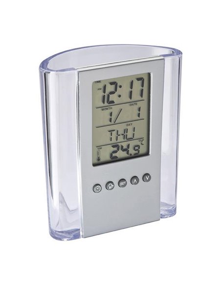 Μολυβοθήκη ακρυλική με ρολόι, ημερολόγιο και θερμόμετρο