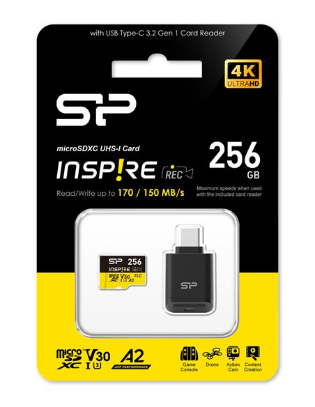 SILICON POWER κάρτα μνήμης microSDXC Inspire με card reader, 256GB, UHS-I U3 A1 V30
