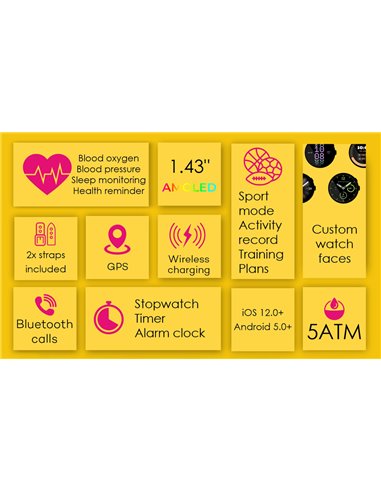 INTIME smartwatch G6 με 2x λουράκια, heart rate, 1.43" AMOLED, GPS, 5ATM, μαύρο