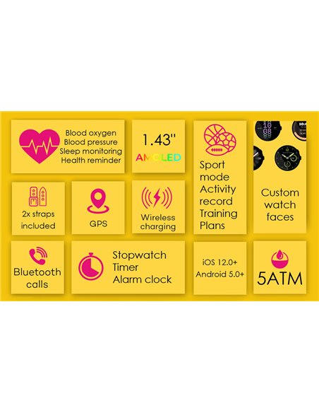 INTIME smartwatch G6 με 2x λουράκια, heart rate, 1.43" AMOLED, GPS, 5ATM, μαύρο