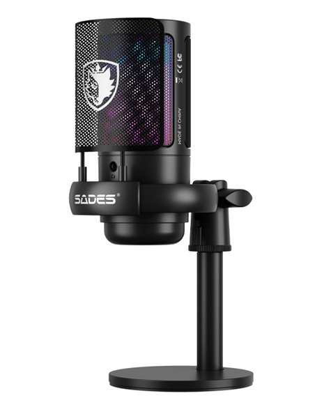 SADES gaming μικρόφωνο TYTO με βάση γραφείου & επιτραπέζια, pop φίλτρο, καρδιοειδές, USB, μαύρο