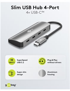 GOOBAY USB hub 76565, 4x θυρών, USB 3.2, 10Gbps, USB-C σύνδεση, γκρι