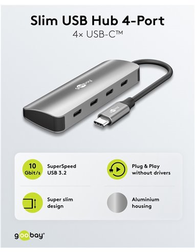 GOOBAY USB hub 76565, 4x θυρών, USB 3.2, 10Gbps, USB-C σύνδεση, γκρι
