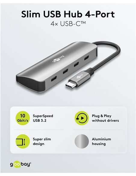 GOOBAY USB hub 76565, 4x θυρών, USB 3.2, 10Gbps, USB-C σύνδεση, γκρι