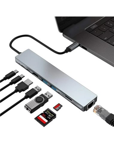 POWERTECH docking station PT-1536, 8 θυρών, USB-C σύνδεση, 87W PD, 100Mbps, γκρι
