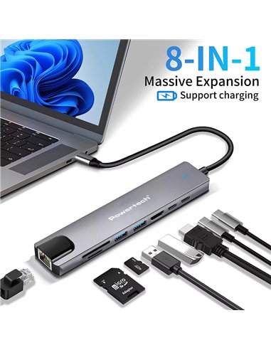 POWERTECH docking station PT-1537, 8 θυρών, USB-C σύνδεση, 100W PD, 1000Mbps, γκρι