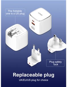 LDNIO φορτιστής τοίχου Q2617 με καλώδιο USB-C, EU/UK/US βύσμα, USB/USB-C, 65W, GaN, λευκός