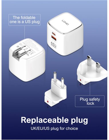 LDNIO φορτιστής τοίχου Q2617 με καλώδιο USB-C, EU/UK/US βύσμα, USB/USB-C, 65W, GaN, λευκός