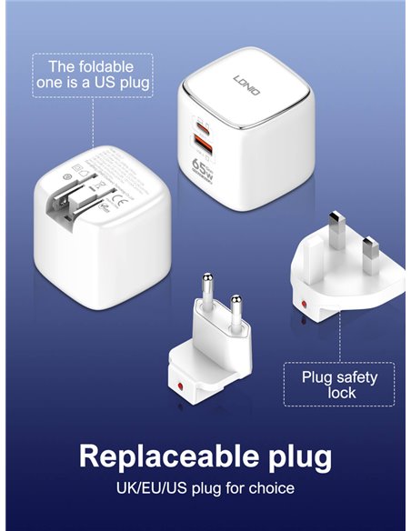 LDNIO φορτιστής τοίχου Q2617 με καλώδιο USB-C, EU/UK/US βύσμα, USB/USB-C, 65W, GaN, λευκός