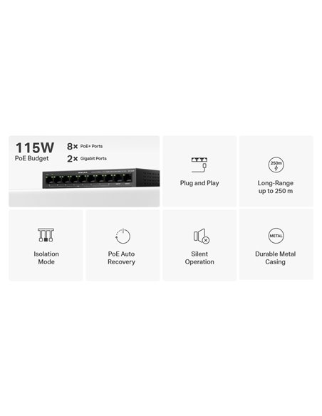 MERCUSYS Desktop Switch MS110CMP, 8x 10/100Mbps PoE+, 2x Gigabit, Ver. 1.0