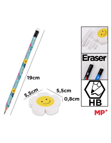 MP σετ ξύλινα μολύβια & γόμα Flowers PE356-02, εξάγωνα, HB, 5τμχ