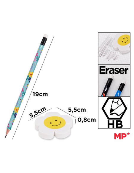 MP σετ ξύλινα μολύβια & γόμα Flowers PE356-02, εξάγωνα, HB, 5τμχ