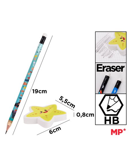 MP σετ ξύλινα μολύβια & γόμα World oceans day PPE356-05, εξάγωνα, HB, 5τμχ