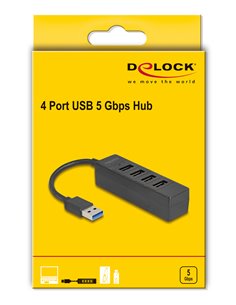 DELOCK USB hub 64350, 4x θυρών, USB 3.0, 5Gbps, USB σύνδεση, μαύρος