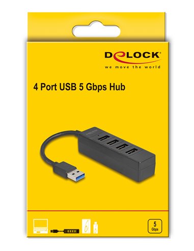 DELOCK USB hub 64350, 4x θυρών, USB 3.0, 5Gbps, USB σύνδεση, μαύρος
