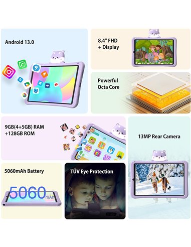 DOOGEE tablet T20 Mini Kids, 8.4", 4/128GB, 4G, Android 13, 5060mAh, μωβ