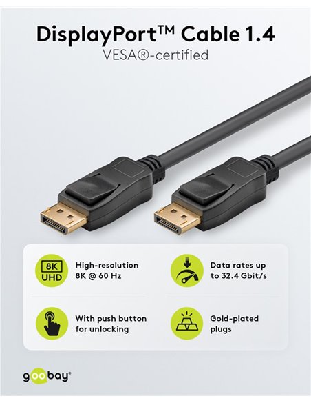 GOOBAY καλώδιο DisplayPort 74778, VESA Certified, 8K/60Hz, 32.4 Gbps, 2m, μαύρο
