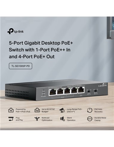 TP-LINK desktop switch TL-SG1005P-PD, 5x Gigabit θύρες, PoE+, UN/1.0