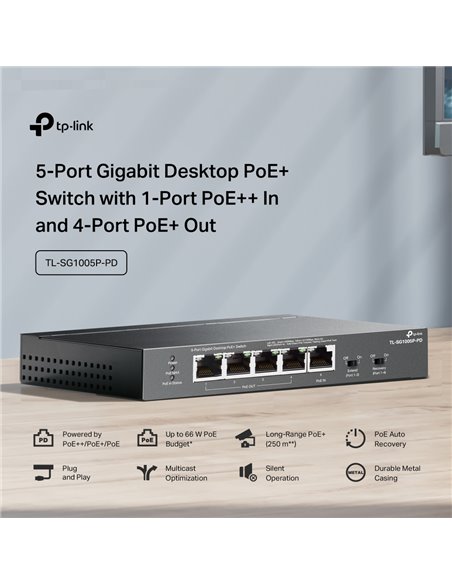 TP-LINK desktop switch TL-SG1005P-PD, 5x Gigabit θύρες, PoE+, UN/1.0