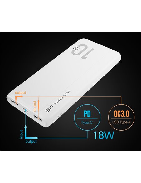 SILICON POWER power bank QP15, 10000mAh, 2x USB & USB Type-C, 3A, λευκό