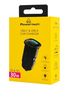 POWERTECH φορτιστής αυτοκινήτου PT-1538, USB & USB-C, 30W, μαύρος