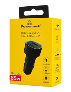 POWERTECH φορτιστής αυτοκινήτου PT-1539, USB & USB-C, 85W, μαύρος