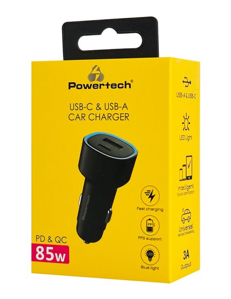 POWERTECH φορτιστής αυτοκινήτου PT-1539, USB & USB-C, 85W, μαύρος